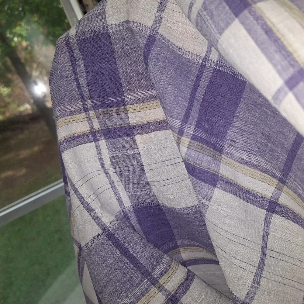 Vintage 90s Periwinkle White Plaid Linen Blend Dress 12 VTG Midi Cottagecore - Picture 15 of 16
